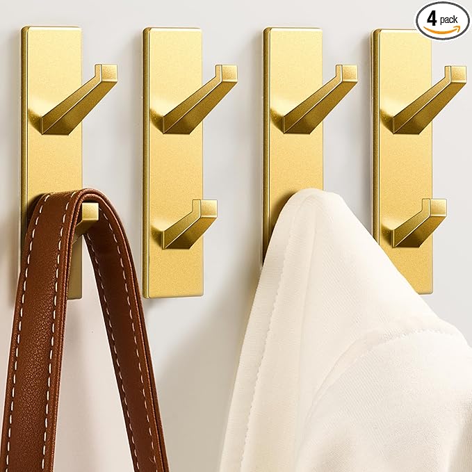 Gold Wall Hooks for Coat Towel: 13LB Adhesive Door Hanger Stick on, 4 Pack
