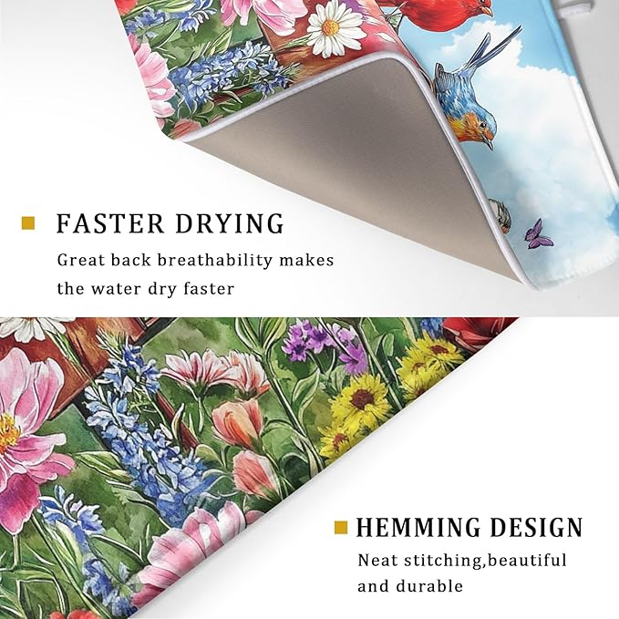 Khope Spring Floral Birds Dish Drying Mat for Kitchen Counter 18x24 Inch Colorful Butterfly Flowers Reusable Washable Farmhouse Flower Drying Pad Countertop Home Decor