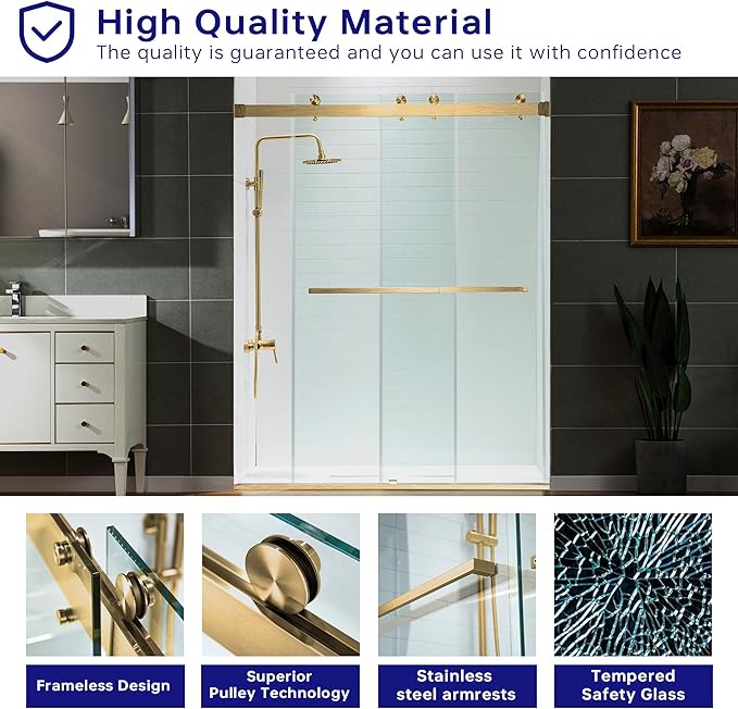 Woodbridge Frameless Shower Doors 56-60" Width x 76" Height with 5/16"(8mm) Clear Tempered Glass, 2 Ways Opening & Double Sliding in Brushed Gold Finish