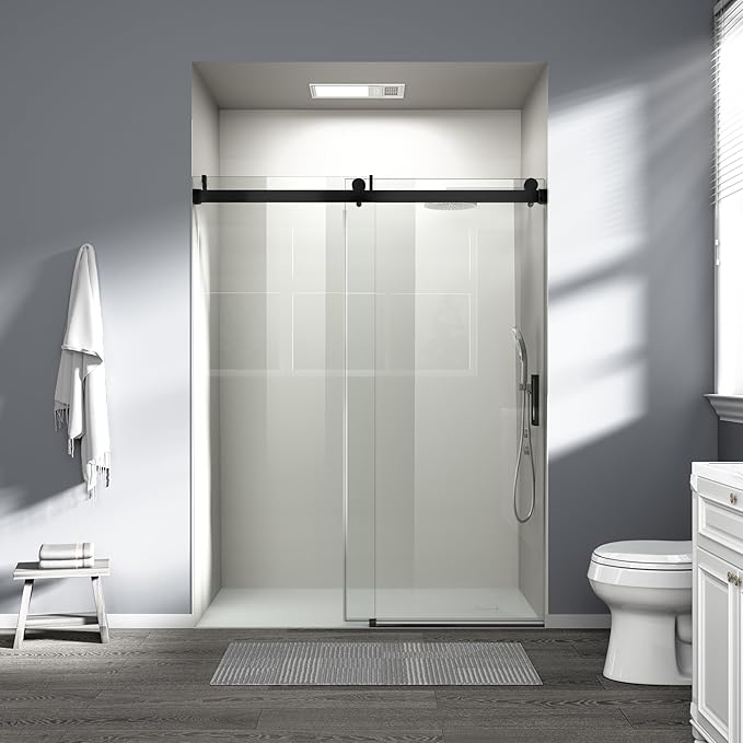 Abruzzo 76" Frameless Shower Door Single Sliding - 1/4" Tempered Glass Soft Close, Matte Black, Adjustable 56-60" Width