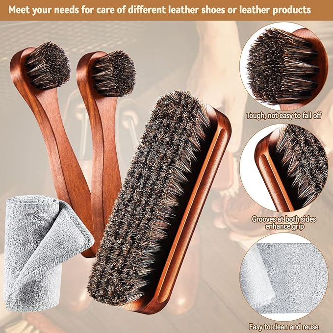 4 Pcs Horsehair Shoe Brush Kit Polishing Daubers Applicators Leather Care Brushes Shine Cleaning Cloth with Bag(Shoe Brush Set E)