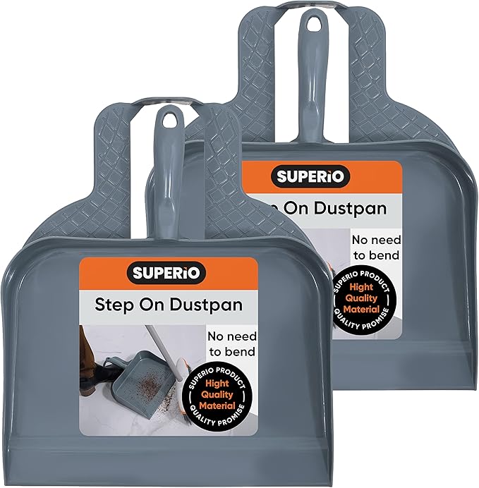 Superio Heavy Duty Plastic Step-on Dustpan with Comfort Grip Handle Grey, Durable, Lightweight Multi Surface Dust Pan Easy Broom Sweeping, 10-inch Wide, 2-Pack