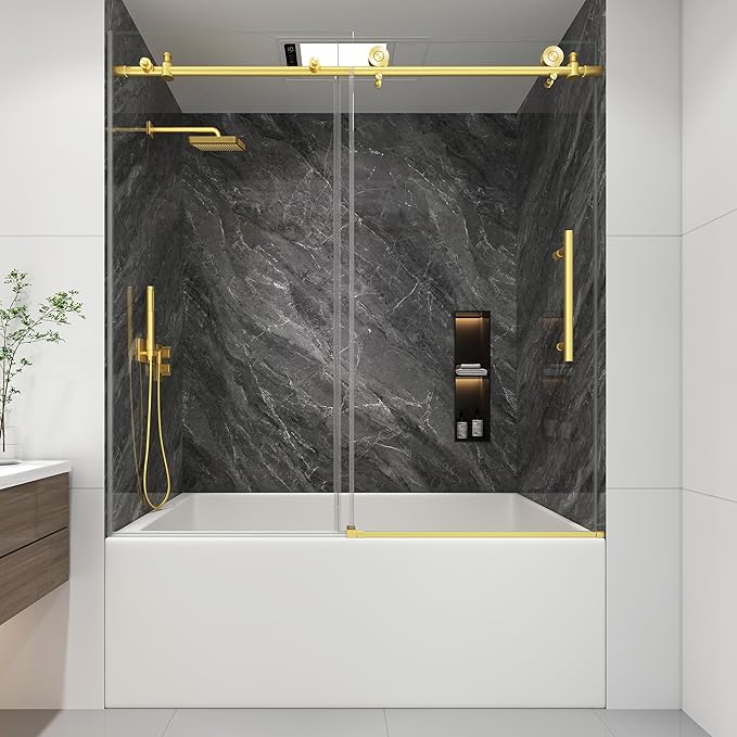 KPUY Tub Shower Door, 55-60" W x 60" H Frameless Sliding Bathtub Door, 1/4" (6mm) Thick Tempered Clear Glass with Explosion-Proof Film Nano Coating, Stainless Steel Frame, Brushed Gold
