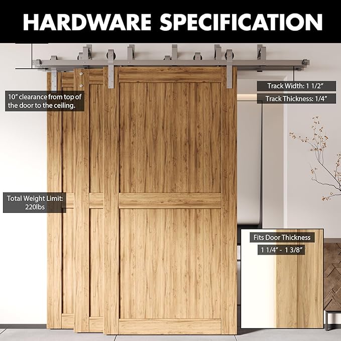 Homacer Brushed Nickel Rustic Triple Track Bypass Sliding Barn Door Hardware Kit (for Door Thickness 1-1/4in~1-3/8in), Three 7ft Long Flat Tracks,for Three Interior Doors（Doors NOT Included）