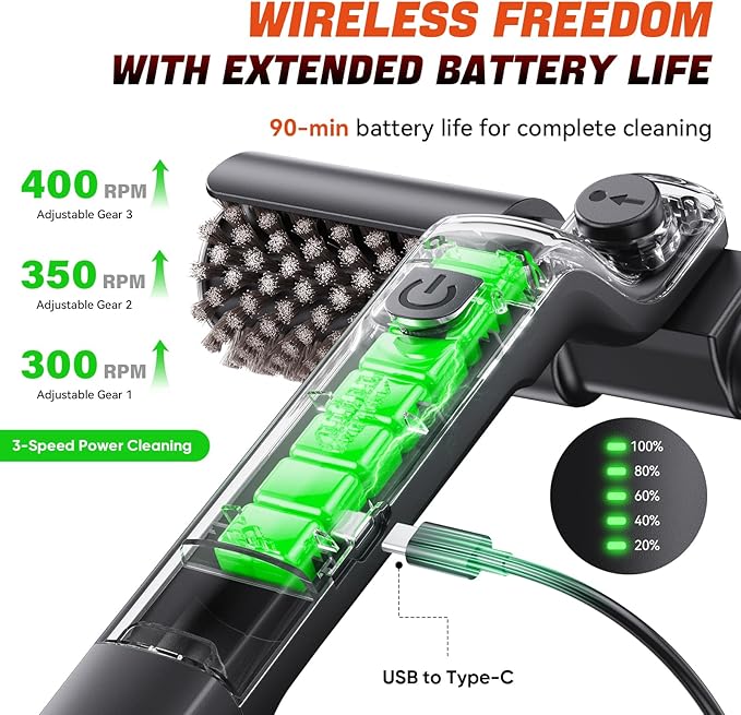 Electric Rotary Grill Brush for BBQ – 304 Stainless Steel Rotary Brush Head, Anti-Shedding Bristles, Rechargeable 3-Speed Power Control, Up to 90-Min Runtime, Outdoor Grill Cleaner Black