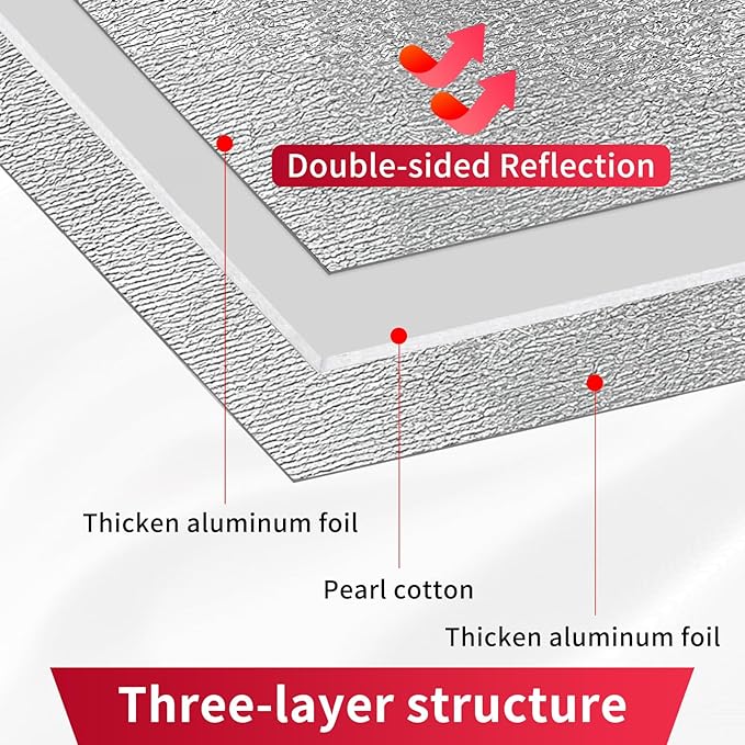 2.9 MM Reflective 48" X 10' Double-Sided Aluminium Insulation Foam Blanket Barrier, Thermal Shield Self Adhesive Pads for RV Window Garage Door Summer Heat