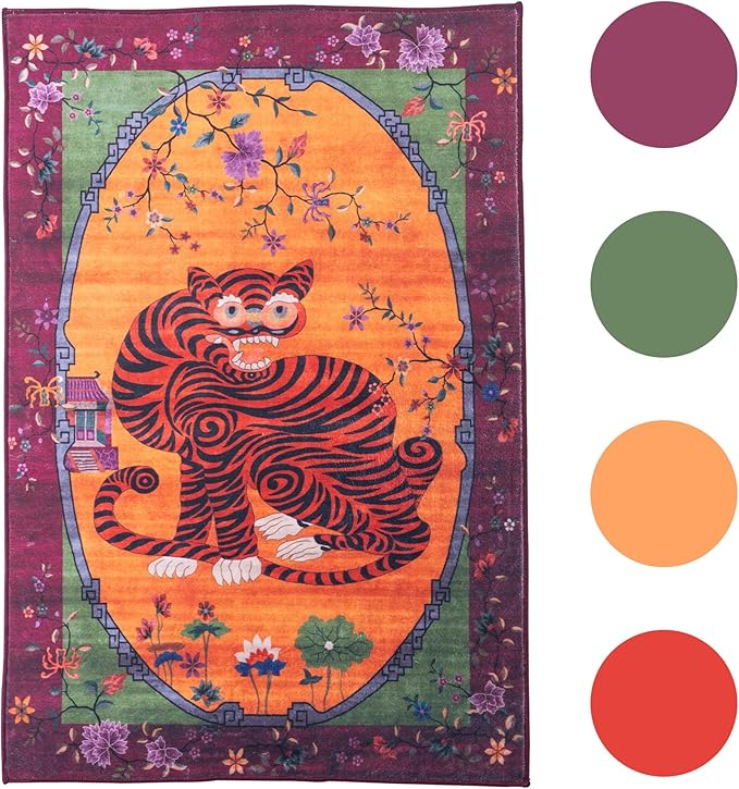Tiger Rug Washable 4x6 ft Oriental Traditional Animal Print Vintage Fuchsia Floral Tibetan Rugs for Bedroom Kitchen Living Room Indoor Entryway