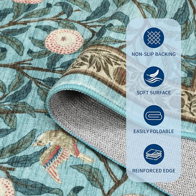 GarveeHome 8x10 Area Rugs for Living Room, Boho Leaf Rugs for Bedroom with Soft Low Pile, Non Slip Botanical Bird Large Washable Rug 8x10 for Dining Room Stain Resistant Blue Throw Rug