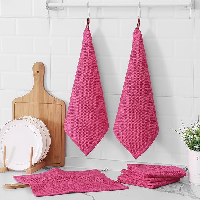 Kitinjoy 100% Cotton Kitchen Dish Cloths (12 X 12 Inches, Hot Pink), 8 Pack Waffle Weave Ultra Soft Absorbent Dish Towels for Drying Dishes Quick Drying Kitchen Towels Dish Rags