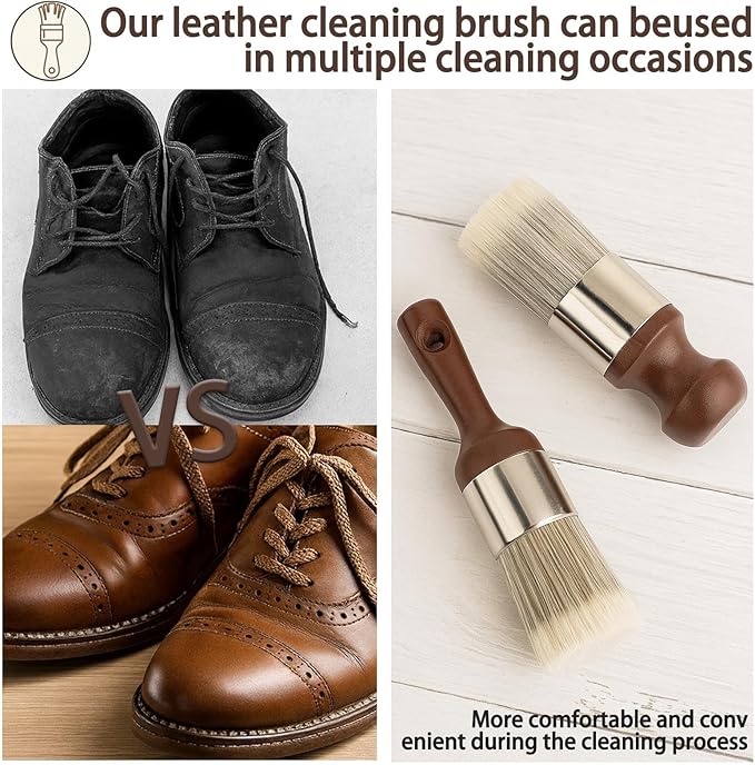 2pcs Leather Upholstery Cleaning Brush Set, Ergonomic Long and Short Wax Application Brushes, Upholstery Cleaning Tool for Leather Sofa, Car Seat, Shoes, Furniture, Bags and More