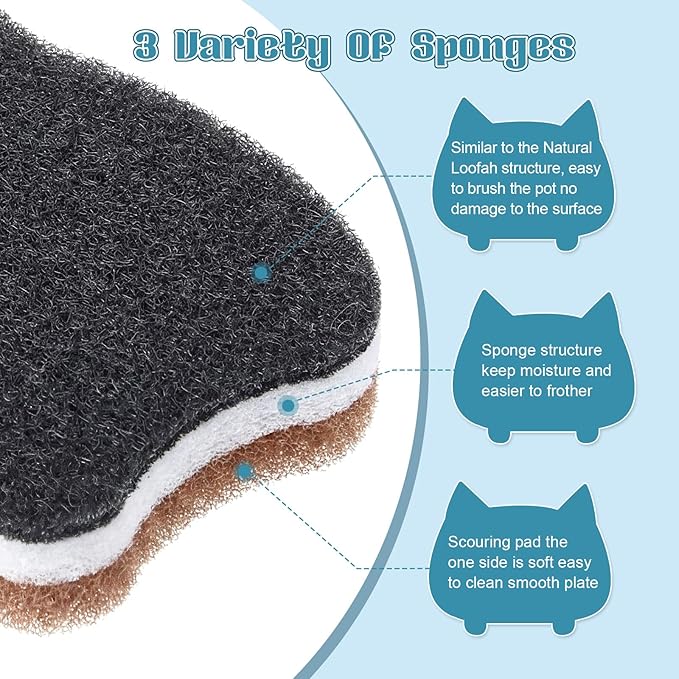 12 Pcs Cat Kitchen Sponges for Dishes Double Sided Cleaning Dish Scrub Sponge Bulk Reusable Non Scratch Scrubbers for House Cleaning Dishwashing(Cat,Grey,White,Blue,Black)