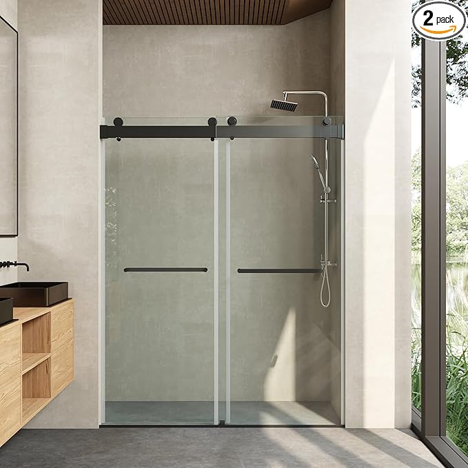 Frameless Soft Close Shower Door, 62"-66 "W, 76 "H, 3/8" (10mm) Clear Tempered Glass, Double Sliding Doors, Matte Black Finish.