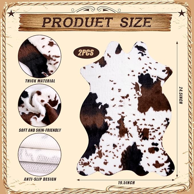 2 Pack Mini Faux Cowhide Rug, Mini Rustic Cowhide Rug Cute Rural Western Animal Pattern Decorative Rugs for Table Mat Decoration, Cowboy Parties, 19.6" W x 23.6" L