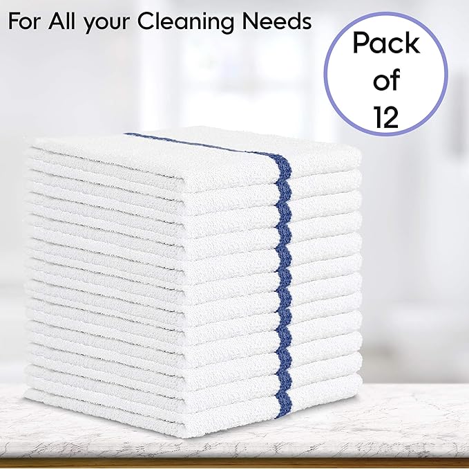 Nabob Wipers Kitchen Bar Mop Terry Towels 12 Pack - 100% Cotton - Size 14x17 - Perfect for Your Home, Kitchen, Bathroom, Bars, Restaurants & Auto - Super Absorbent (Blue Stripe)