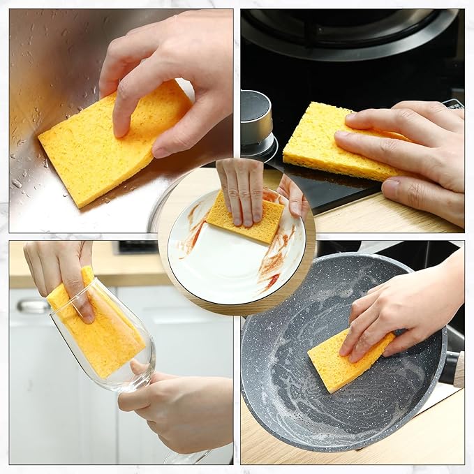 Zhengmy 100 Pieces Sponges Kitchen Compressed Sponges Bulk Natural Dish Sponge Compressed Wood Pulp Cleaning Sponge Without Scratching for Kitchen Bathroom, 3.9 x 2.4 x 0.12 Inch (Yellow)