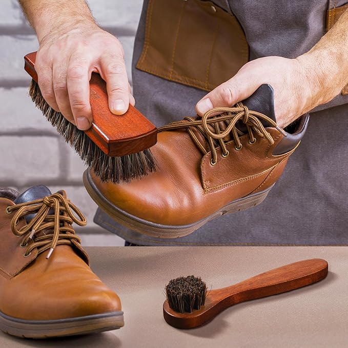 2 Pcs Horsehair Shoe Brush Kit Polishing Daubers Applicators Leather Care Brushes Shine Cleaning Cloth with Case(Shoe Brush Set G)