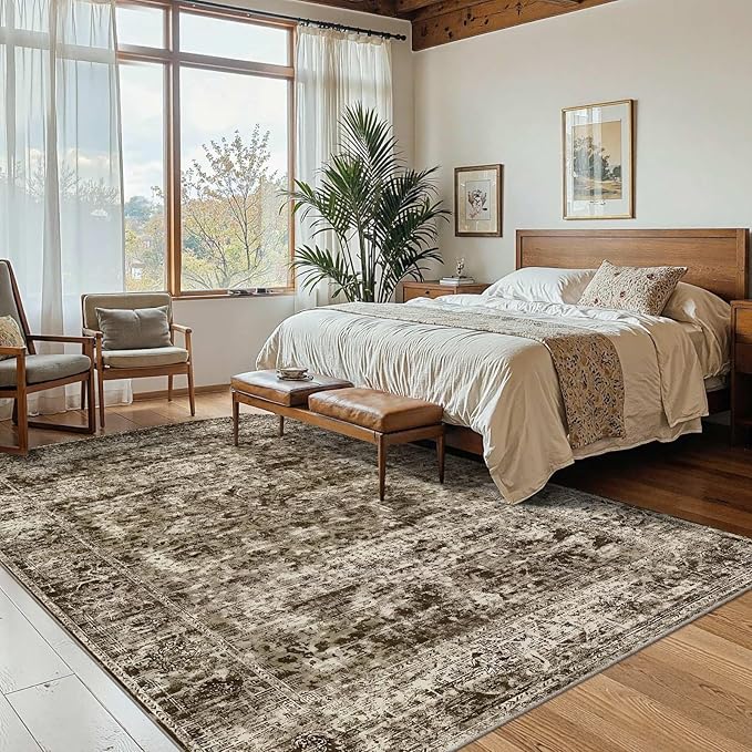 Area Rugs 5x7, Washable Brown Rugs for Living Room, Bedroom, Vintage Boho Indoor Soft Carpet for Dining Room, Low Pile Rugs for Office, Farmhouse