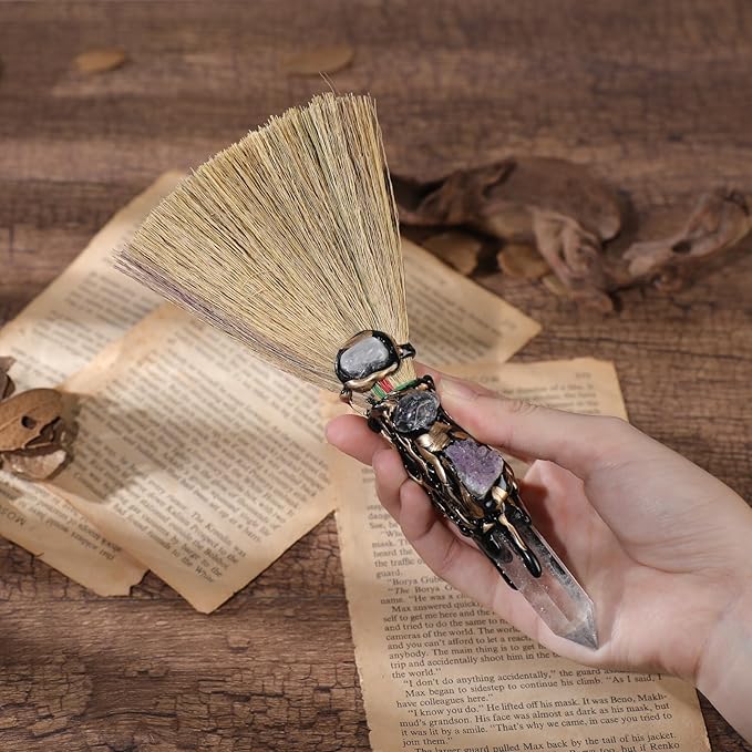 White Crystal Witch Broom - Witchcraft Supplies Mini Witches Broomstick with Amethyst Clusters Altar Supplies with Natural Healing Crystals Wiccan Supplies Prayers Meditation Therapy Decor