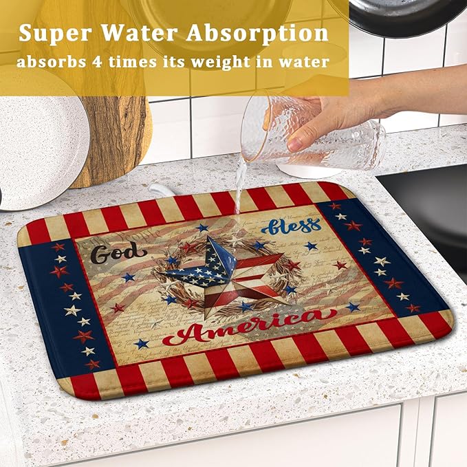 4th of July God Bless Dish Drying Mat for Kitchen Counter,American Flag Star Patriotic Independence Day Drying Mat 16 x 18 Inch with Absorbent Reversible Microfiber Drying Pad for Coffee Bar