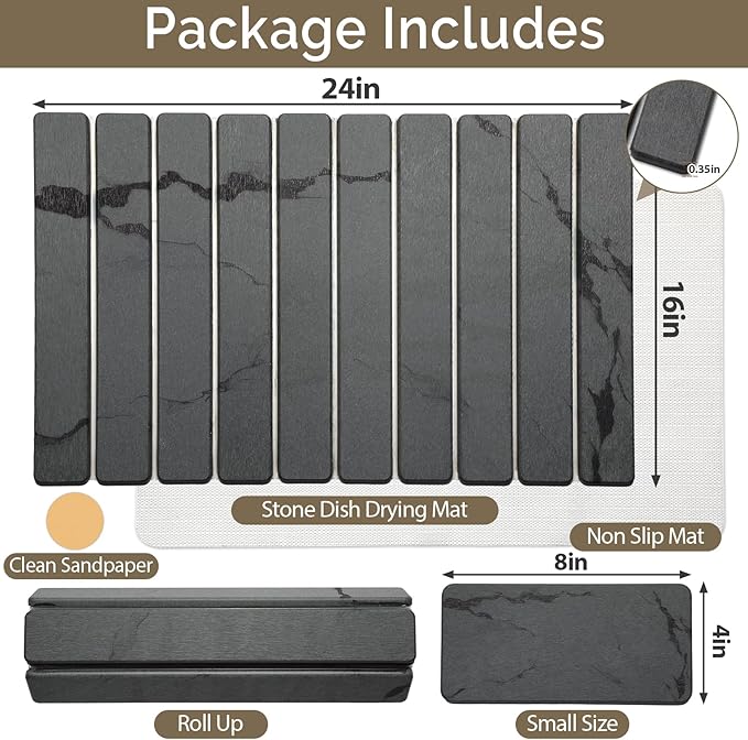 Large Stone Dish Drying Mat for Kitchen Counter, 2PCS Quick Dry Stone Dishes Mat,Foldable Water Absorbing Diatomaceous Drying Organizer Pad for Plate Rack Bottles Utensils(Dark Gray 24"×16" & 8"x4")