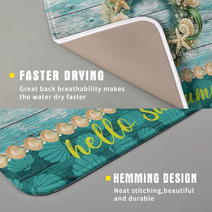 Hello Summer Dish Drying Mat for Kitchen Counter,Sea Shell Starfish Coastal Wreath Drying Mat 16 x 18 Inch with Absorbent Reversible Microfiber Drying Pad for Coffee Bar