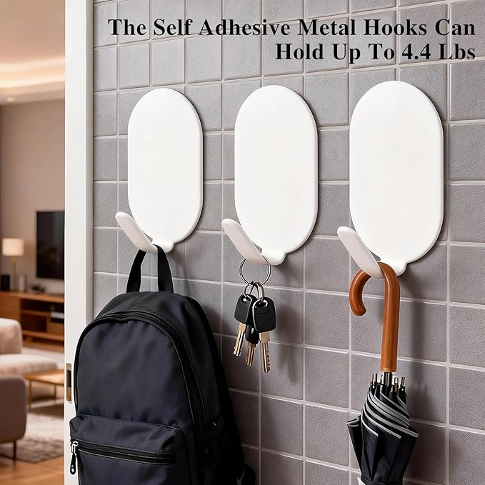 Sticky Adhesive Hooks for Hanging, Key Hooks, Stainless Steel Wall Hooks, Command Hooks, Coat Hooks, Door Hooks, Towel Hanger, Metal Hook, Utility Hooks,Picture Hanger, Storage Hooks, 10Pcs (White)