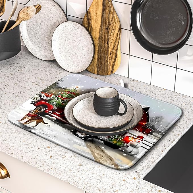 Red Truck Christmas Dish Drying Mat for Kitchen Counter 16x18 Inch Winter Xmas Tree Snowman Dog Print Absorbent Reversible Microfiber Drying Mats Kitchen Countertop Protector Dishes Drainer Rack Pad