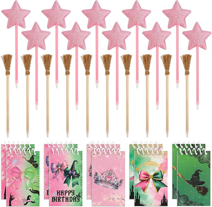40 Pcs Princess and Witch Party Favors Include 10 Witch Broom Pencils 10 Pink Star Ballpoints 20 Mini Notebooks for Wizard Birthday Witch Halloween Party Supplies