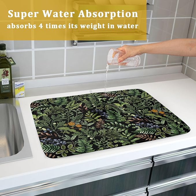 Black Sage Green Plant Dish Drying Mat for Kitchen Counter,Vintage Botanic Fern Leaves Floral Drying Mat 18 x 24 Inch with Absorbent Reversible Microfiber Drying Pad for Coffee Bar