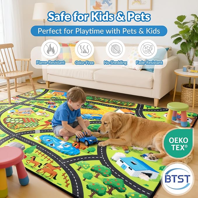 Kids Rug, Fun Farm Car Rugs for Kids' Toy Cars, 6x9 FT Extra Thick (0.4in) Toddler Car Play Mat, Non-Slip, Cushioned, Easy to Clean, Educational Imaginative Car Carpet for Kids