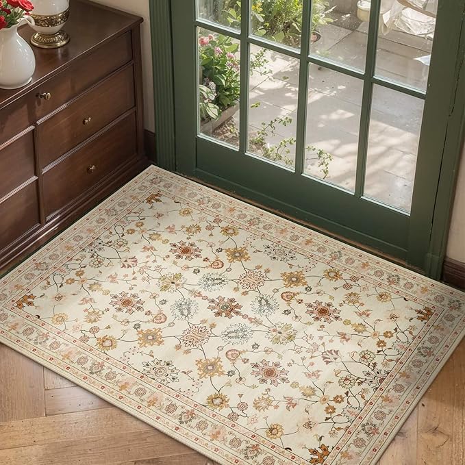 Door Mat Floral Entryway Rug, Washable Samll 2x3 Rug, Boho Front Door Mat, Non Slip Area Rugs, Low Pile Throw Accent Carpet for Indoor Entrance, Bathroom and Kitchen(Apricot 2x3ft)