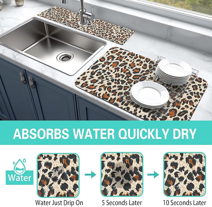 Dish Drying Mat for Kitchen Counter Matt, 2PCS 19"x12" Dish Drainer Mat & 24"x5.5" Sink Splash Guard, Super Absorbent Non-slip Rubber Backed