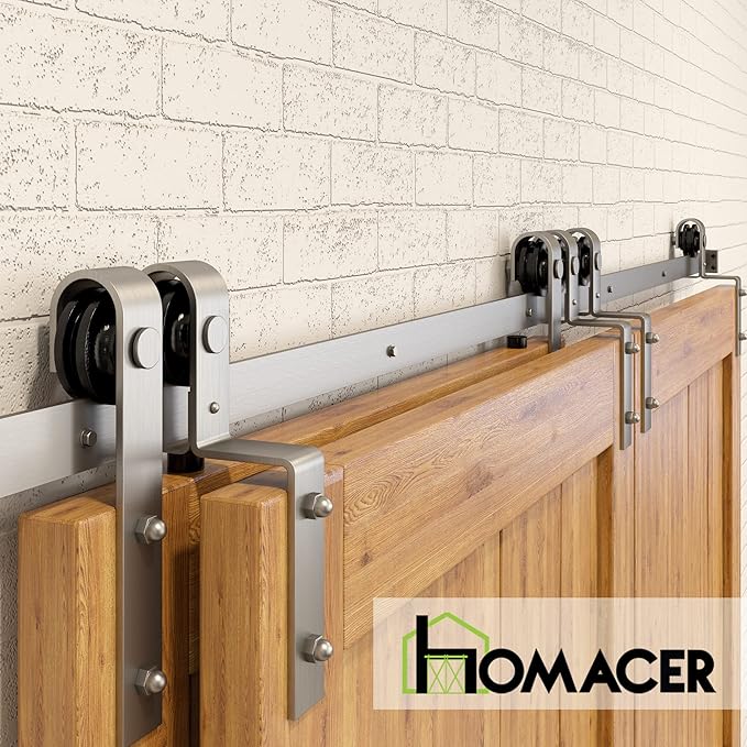 Homacer Brushed Nickel Single Track Bypass Sliding Barn Door Hardware Kit, for Three Doors, 18ft Long Flat Track, Classic Design Roller, (1 Flat+2 Bent Roller Set)