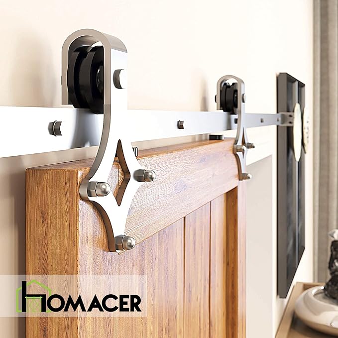 Homacer Brushed Nickel Non-Bypass Sliding Barn Door Hardware Kit, for One/Single Door, 14ft Long Flat Track, Diamond Design Roller, Heavy Duty, for Interior Use
