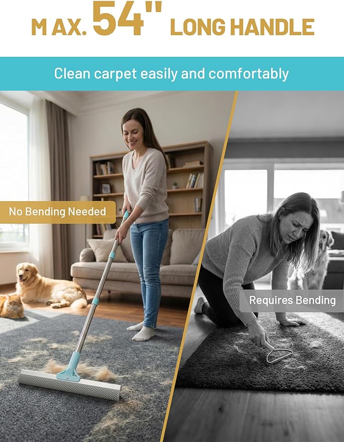 DELOMO Carpet Rake for Pet Hair Removal Carpet Scraper Broom with 54” Adjustable Long Handle, Dual-Sided, Metal + Short Silicone for Carpets & Rugs, Extended Silicone for Shag Rugs & Hard Floors