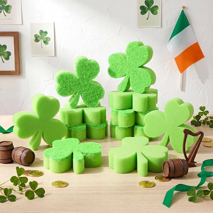 Tioncy 12 Pack St. Patrick's Day Clover Sponges Bulk Dual Sided Scrubber Sponges Dishwashing Kitchen Cleaning Accessories for Household Supplies