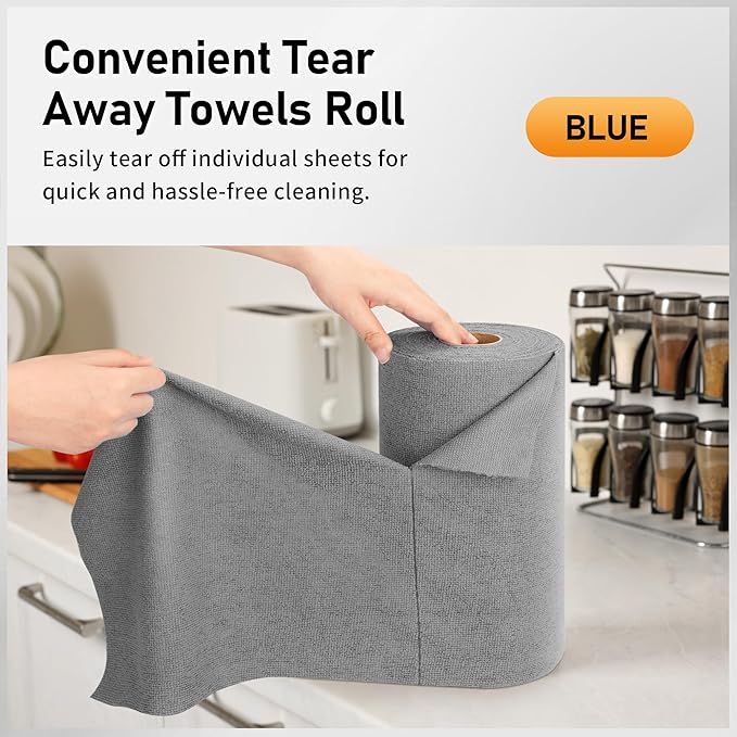 HOMERHYME Microfiber Cleaning Cloth Roll, 75 Pack Tear Away Microfiber Towels, Reusable Washable Shop Towels, Lint Free Cleaning Rags for Car, Home, Garage & Workshop 11.5"x11.5" Grey