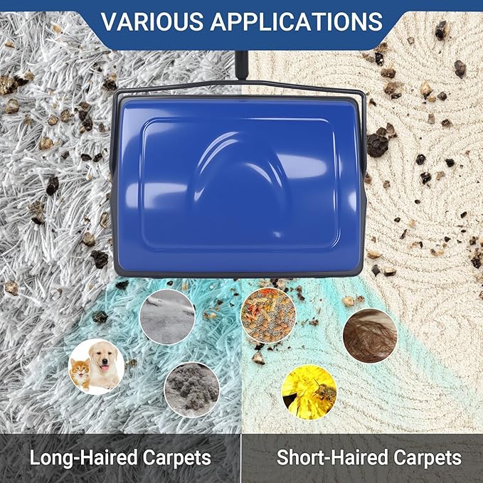 EZ SPARES Horsehair Carpet Sweeper Cleaner for Home Office,5FT Pole for Tall People(1FT Longer Than General)-No More Bending-Horsehair Brush Soft on Hardwood Floors,Pet Hair Cleaner (Cobalt Blue)