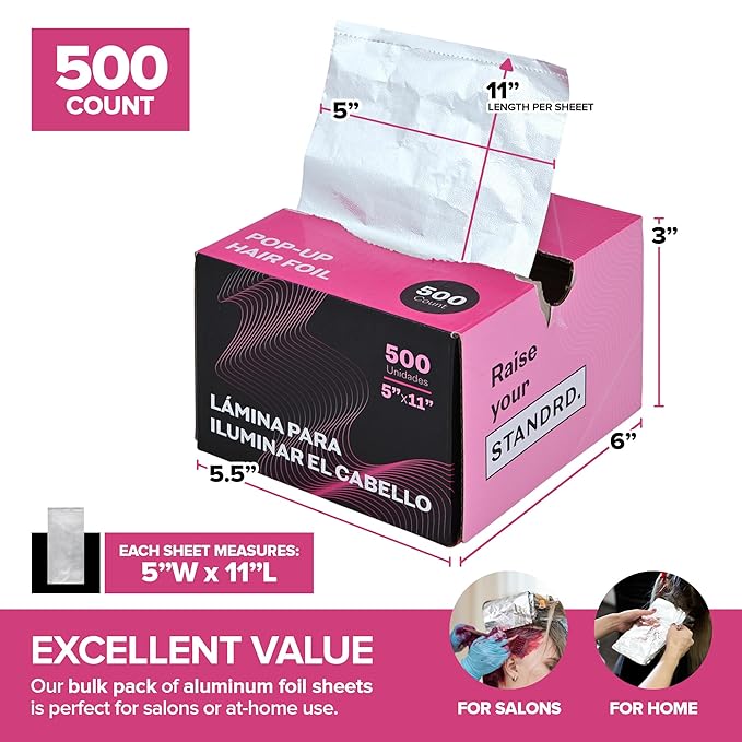 Stock Your Home 500 Count Aluminum Foil for Hair Highlighting, 5” Pop Up Foil Sheets for Salon or Home Use, Disposable Hair Foils for Highlighting and Coloring Hair, Tin Foil for Hair Stylist