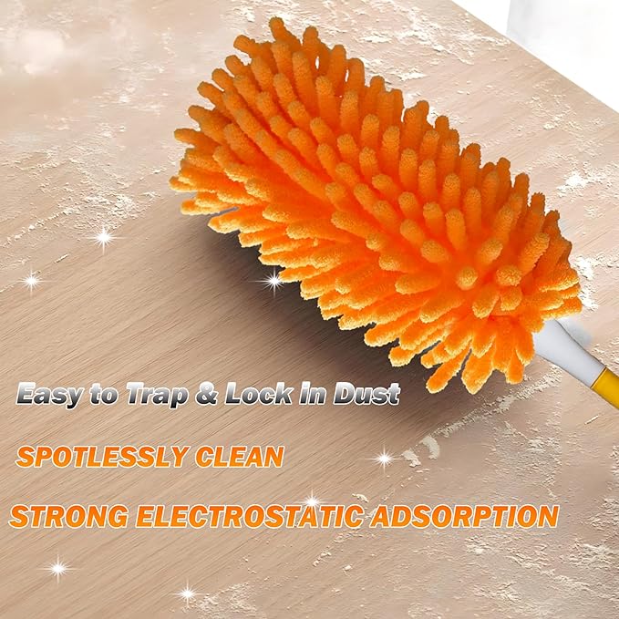 Duster Refill for Swiffer Duster, Reusable Duster Refill Compatible with Swiffer Hand Duster, 360° Heavy Duty Washable Microfiber Dusters for Cleaning, 6 Pack & 1 Handle, Orange