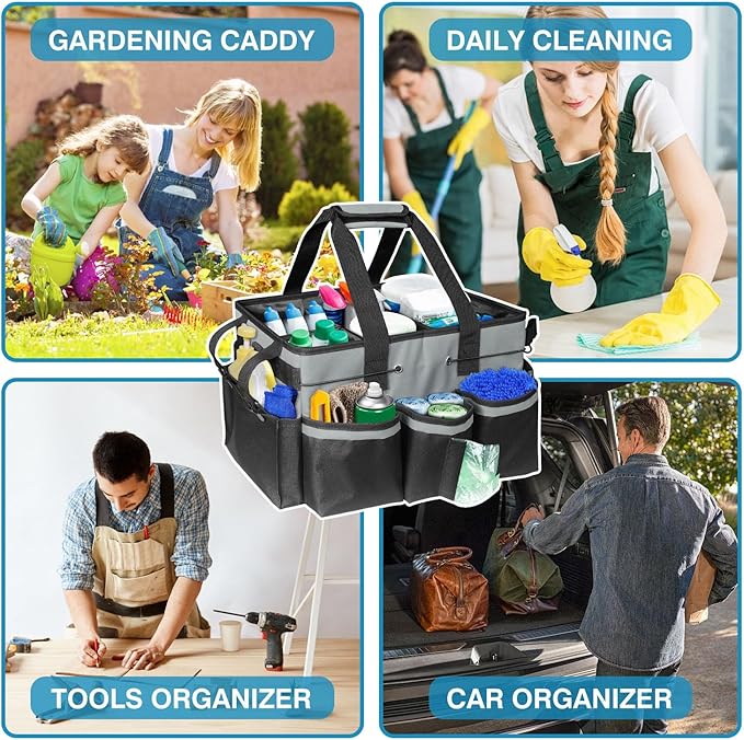 Cleaning Tool Organizer Bag with Handles | Large Waterproof Cleaning Caddy, 17.8x12.2x9.3in | Detachable Shoulder Strap & Dividers | for Car Detailing, Housekeeping, Cleaners (Grey)