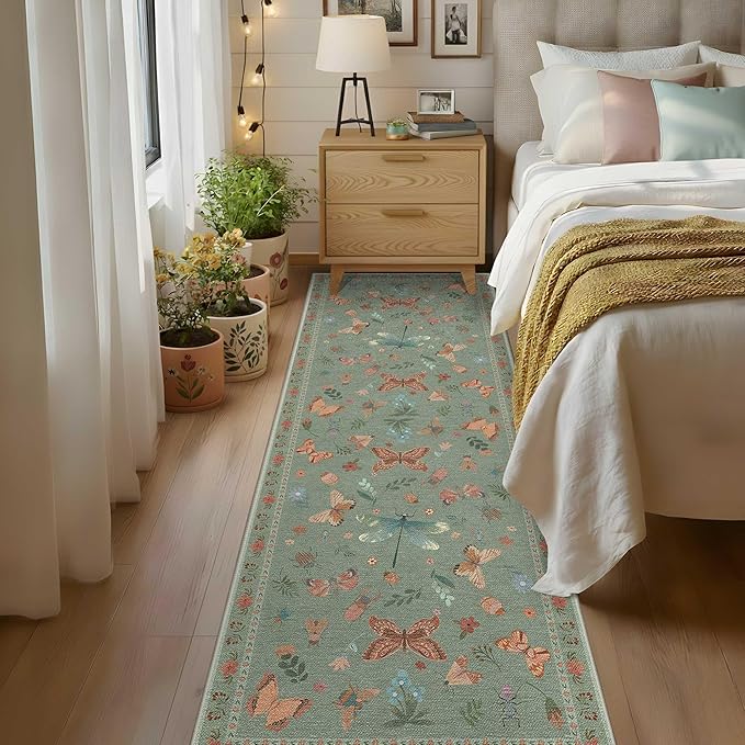 2x6 Floral Runner Rug, Washable Runners for Hallways, Green Vintage Boho Kitchen Rugs, Non Slip Hallway Runner Carpet for Indoor Hallway, Kitchen, Laundry Room and Bathroom