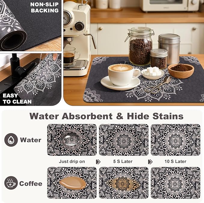 Yamaziot Boho Coffee Mat 12"x20", Floral Dish Drying Mat for Kitchen Counter, Non Slip Coffee Bar Accessories Espresso Machine Dish Rack
