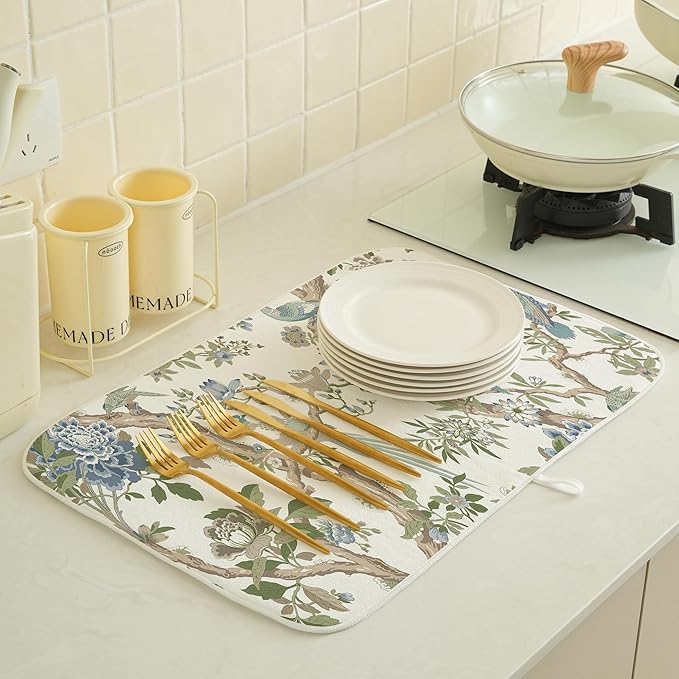 Chinoiserie Dish Drying Mat 18x24 Inches For Kitchen Counter Blue Green Birds Floral Kitchen Decoration Drying Mat Decorative Flower Drying Pad for Kitchen Dining Room Decor