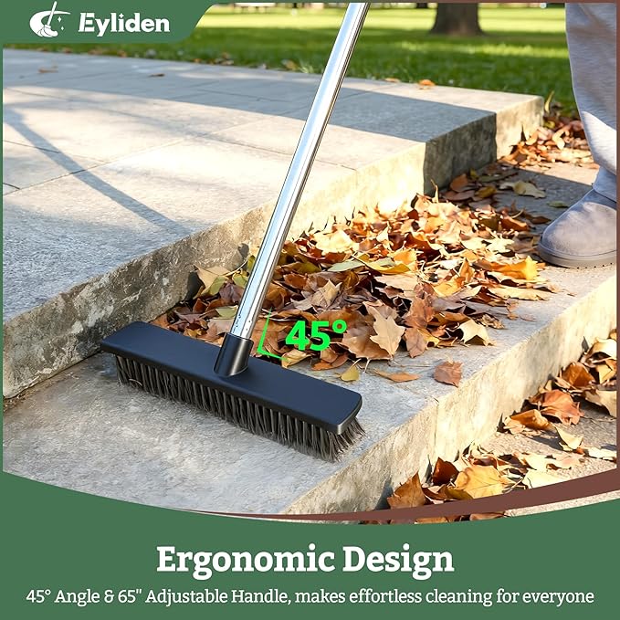 Eyliden Push Broom, Heavy Duty Moss Wire Scrub Brush with Stainless Steel Bristles, 65" Long Handle for Deck, Concrete, Patio Outdoor Cleaning
