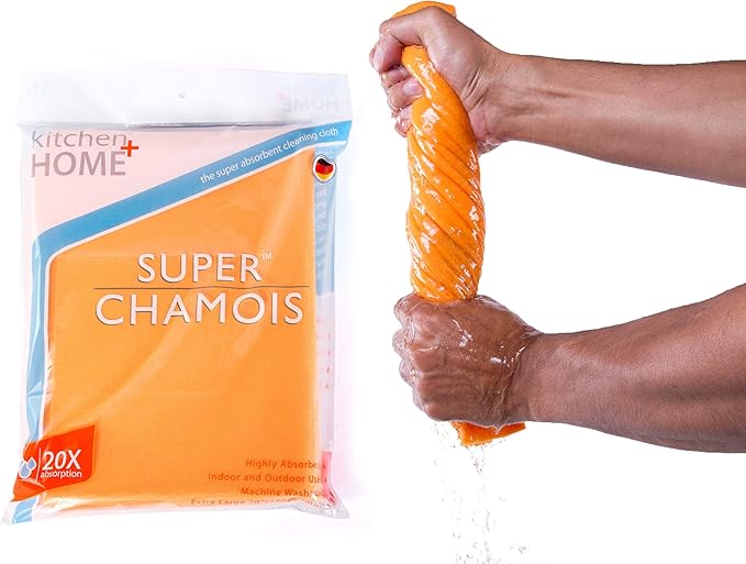 Super Chamois - Extra Large 20" X 27" Super Absorbent Cleaning Cloth - 4 Pack - Holds 10x It's Weight in Liquid (4, Orange)