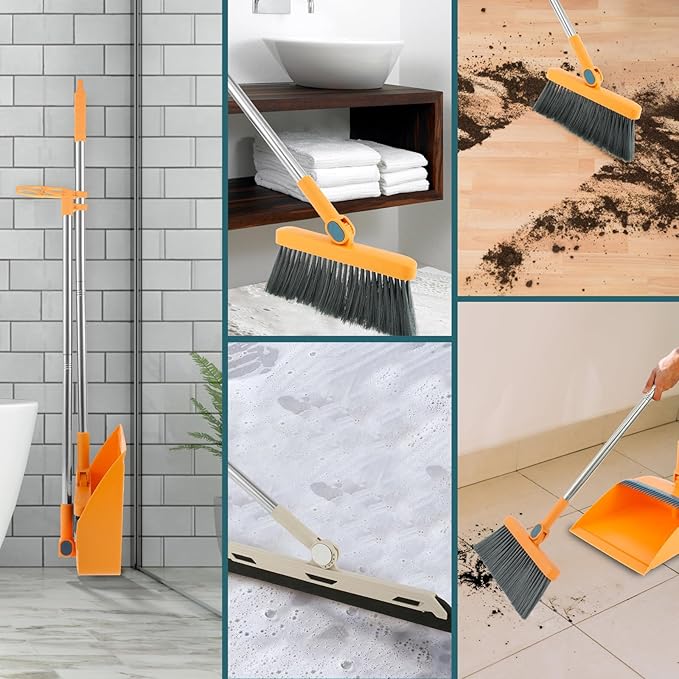 Broom and Dustpan Set for Home, 180° Rotating Broom Combo, Foldable Stand Dust Pans, Long Handle Broom and Dustpan Combo Set with Comb Teeth for Cleaning Kitchen Room Office Lobby Floor (Orange)