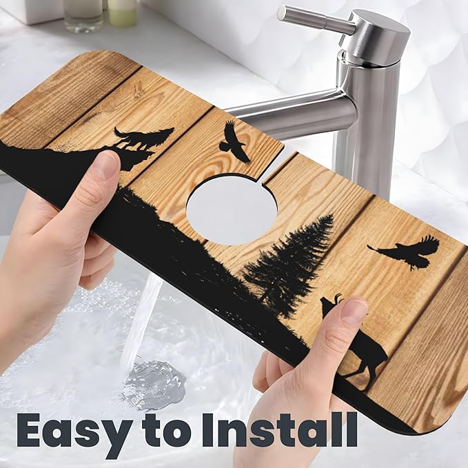 Retro Rustic Wolf Deer Forest Brown Wood Dish Drying Mat for Kitchen Counter, 16"x18" Microfiber Absorbent Fast Dry Mat, 2Pcs Dish Mat Faucet Mats Sets, Large Drying Kitchen Mat Kitchen Drying Pad