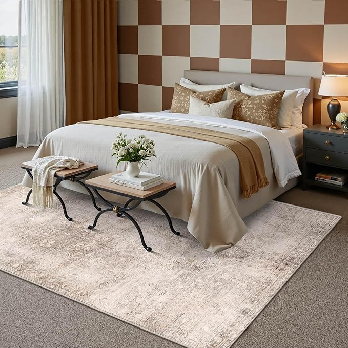 Vintage 5x7 Beige Brown Rug, Washable Neutral Area Rugs For Living Room, Bedroom, Dining Room, Kitchen, Boho Indoor Soft Rugs For Classroom Nursery Dorm, Distressed Low Pile Carpets For Office