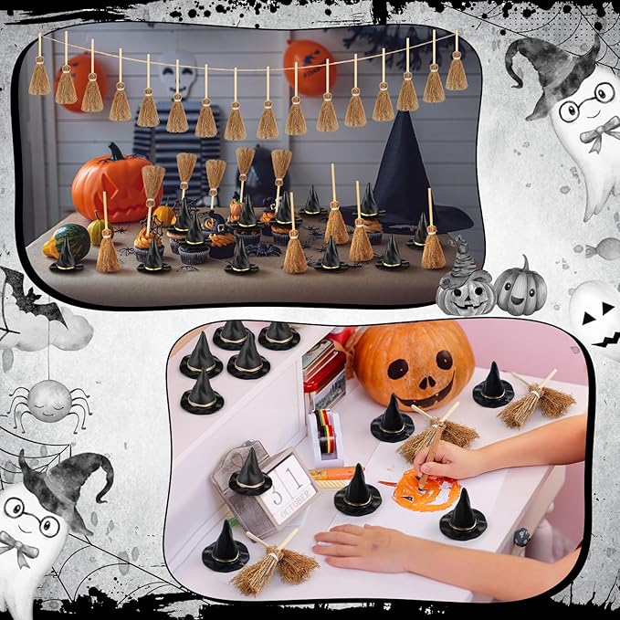 48 Pcs Mini Witch Hats and Broom for Crafts Halloween Wizard Accessories for Party Favors Decor (Black,1.97 Inches)